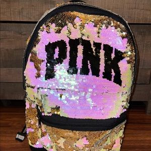 Gold/ Light Pink VS Pink Reversible Sequin Campus Backpack NWOT